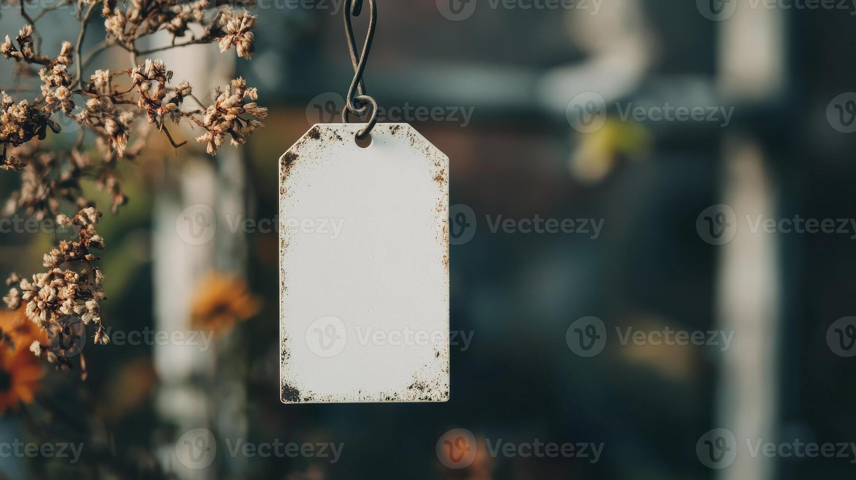 Blank Rusty Tag Hanging Among Dried Plants photo