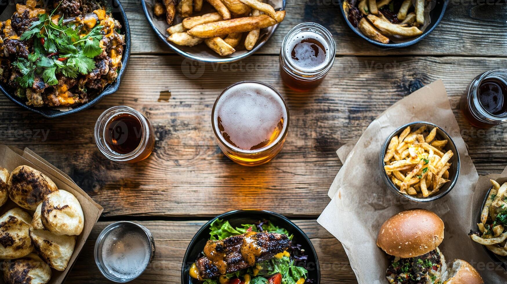 Delicious Food and Drinks on a Rustic Wooden Table photo