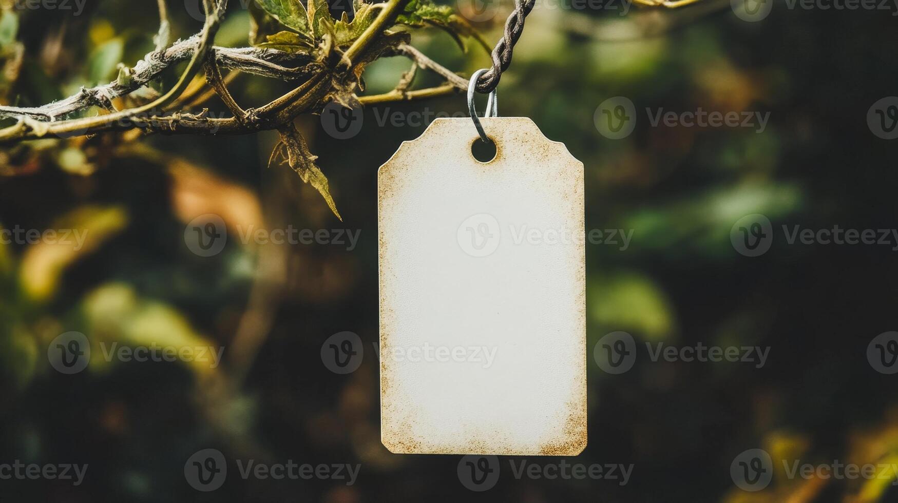 Blank Vintage Tag Hanging from Branch in Nature photo