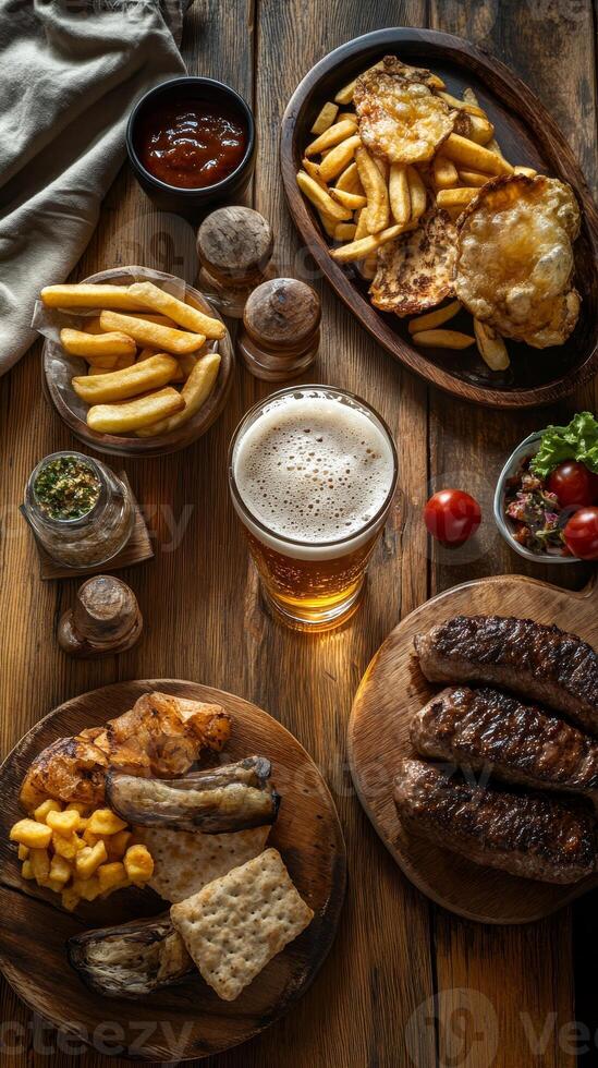 A Rustic Feast of Grilled Meats, Fries, and Beer photo