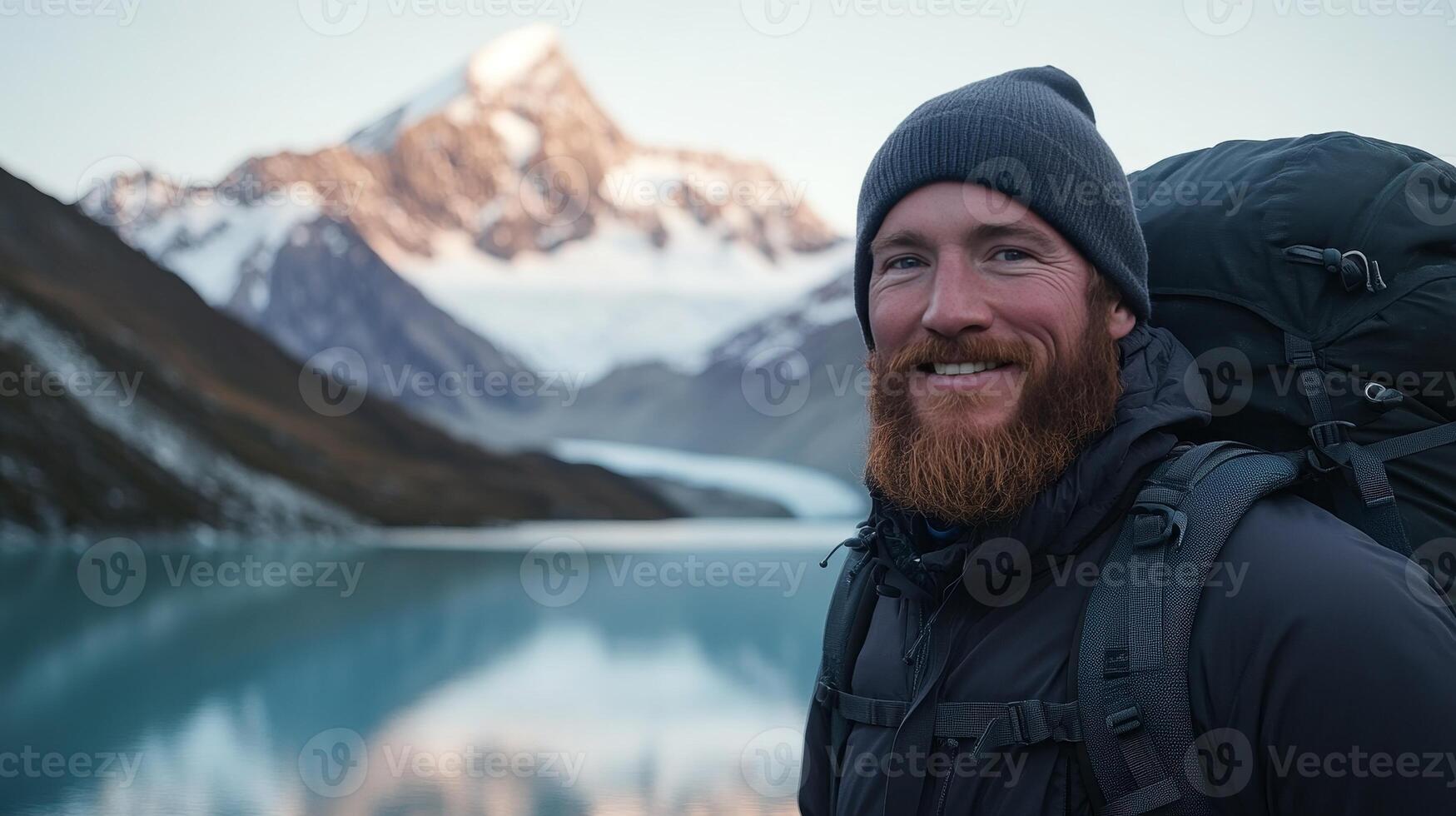 Smiling Hiker in Snowy Mountains by a Calm Lake photo
