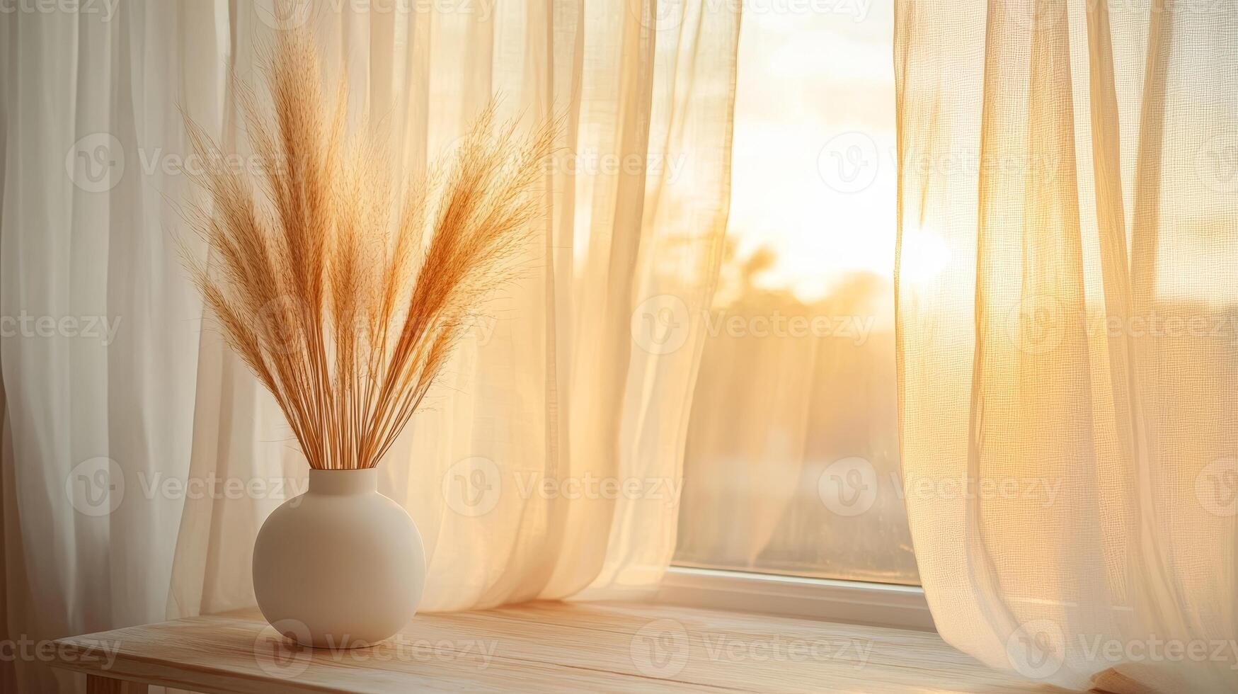 Golden Hour Sunlight Through Sheer Curtains, Vase with Dried Flowers photo