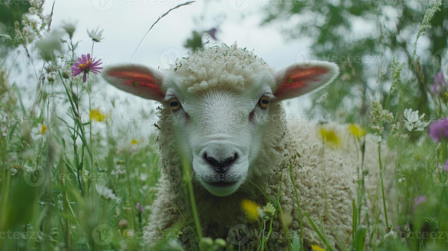 Adorable Sheep in a Meadow Filled with Flowers photo