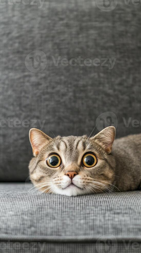 Curious Cat's Wide Eyes on a Sofa photo