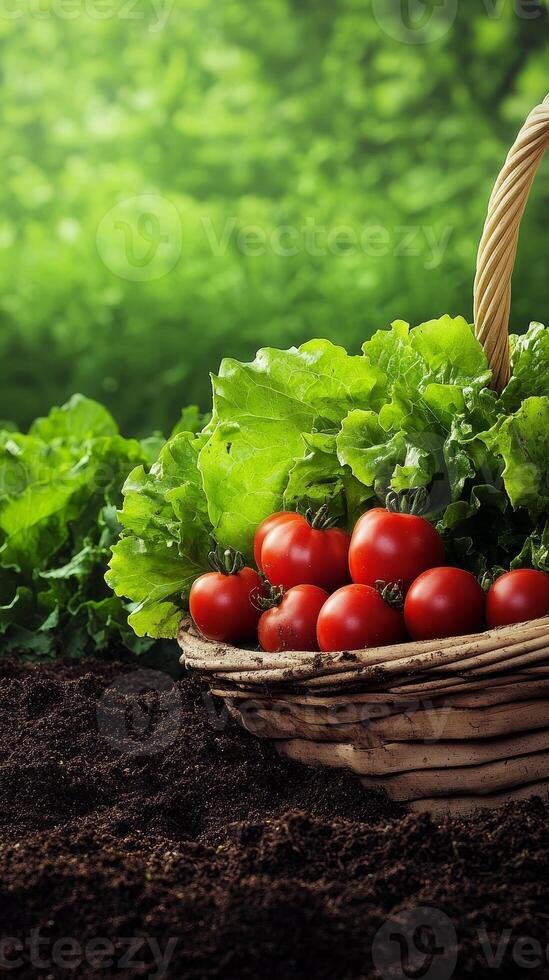Fresh Tomatoes and Lettuce in a Basket, Ready to Eat photo