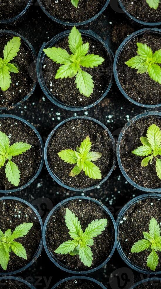 Fresh Cannabis Seedlings in Pots - A Thriving Garden photo