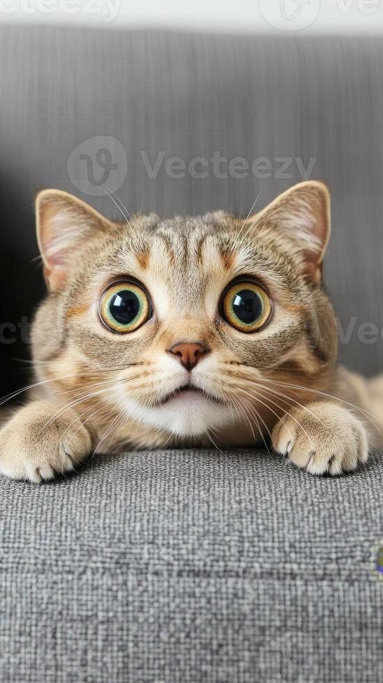 Astonished Tabby Cat on a Cozy Sofa photo