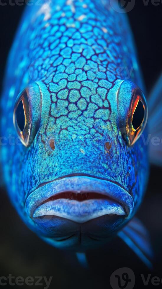 Close-up of a Vibrant Blue Fish, Stunning Underwater Macro Photography photo