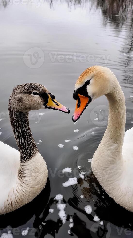 Two Swans Meet in a Serene Pond photo
