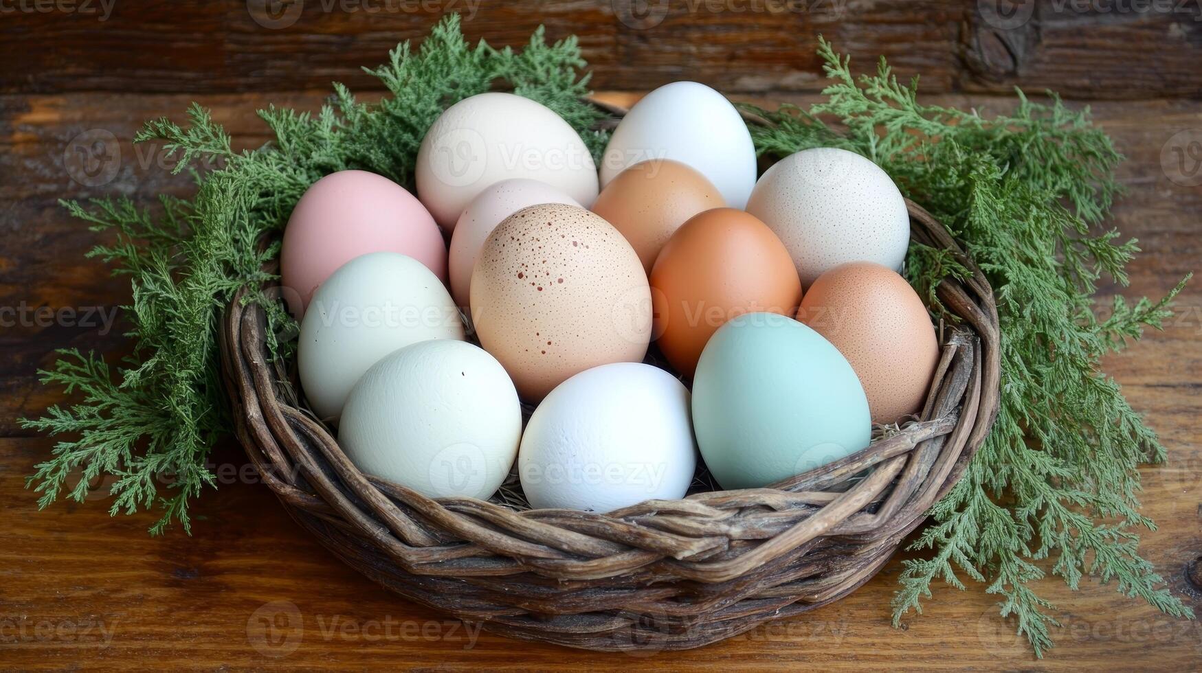 Colorful Eggs in a Rustic Basket - A Fresh and Healthy Food photo