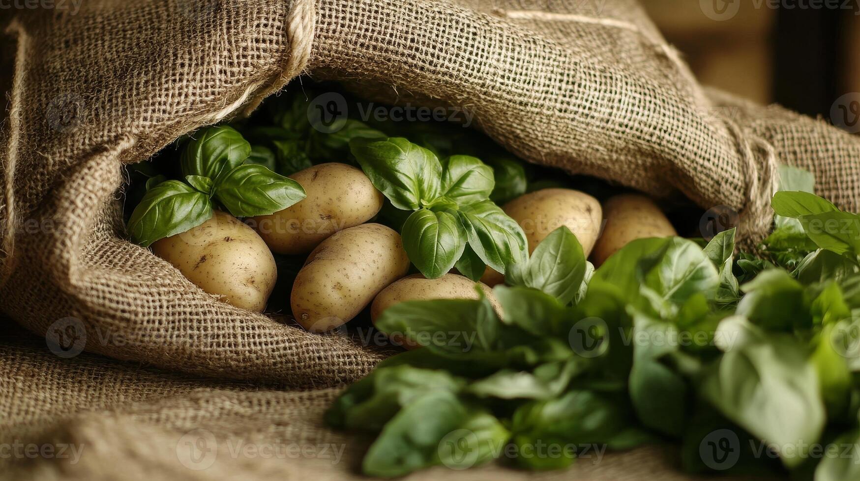 Fresh Potatoes and Basil in a Burlap Bag - A Bountiful Harvest photo