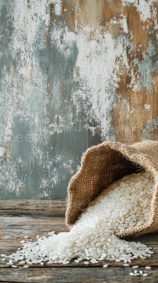 White Rice Poured from Burlap Sack on Rustic Wooden Table photo