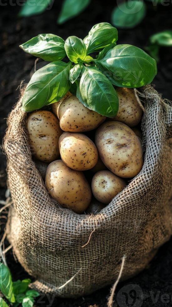 Freshly Harvested Potatoes in a Rustic Sack photo
