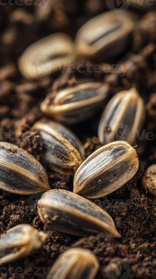 Sunflower Seeds in Rich Soil - A Macro View of Nature's Bounty photo
