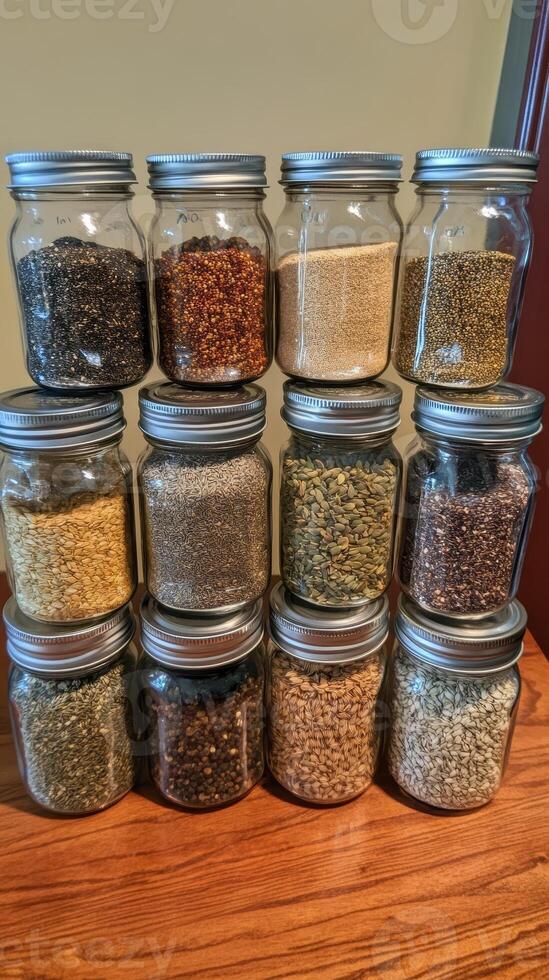 Assorted Grains and Spices in Glass Jars photo