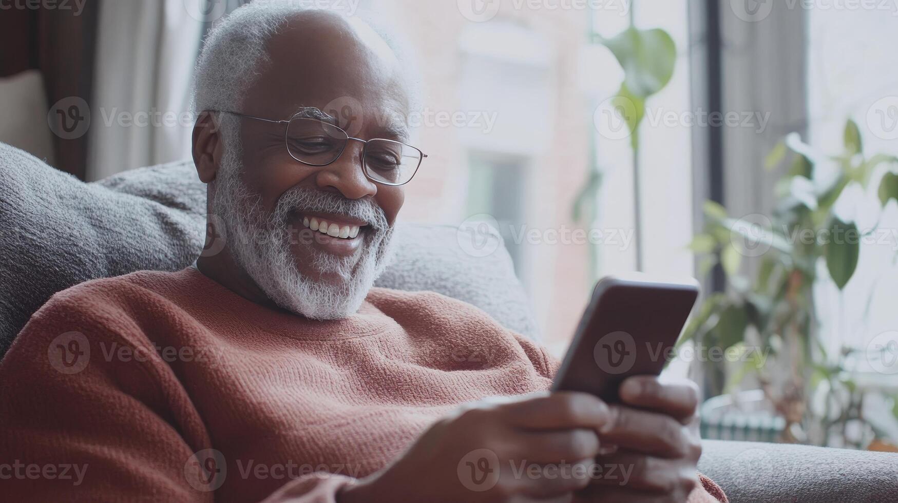 Senior Man Engaging with Mobile Device, Happy and Connected photo