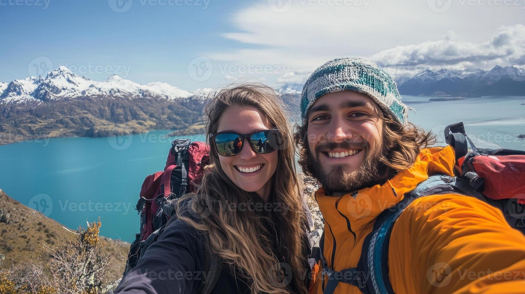Couple Hiking Adventure in the Majestic Mountains photo
