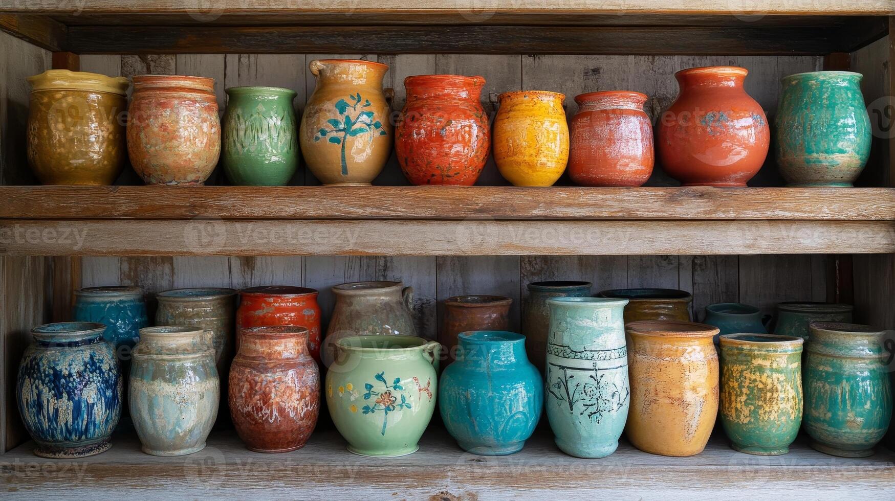 Handcrafted Ceramic Vases in Rustic Display Case photo