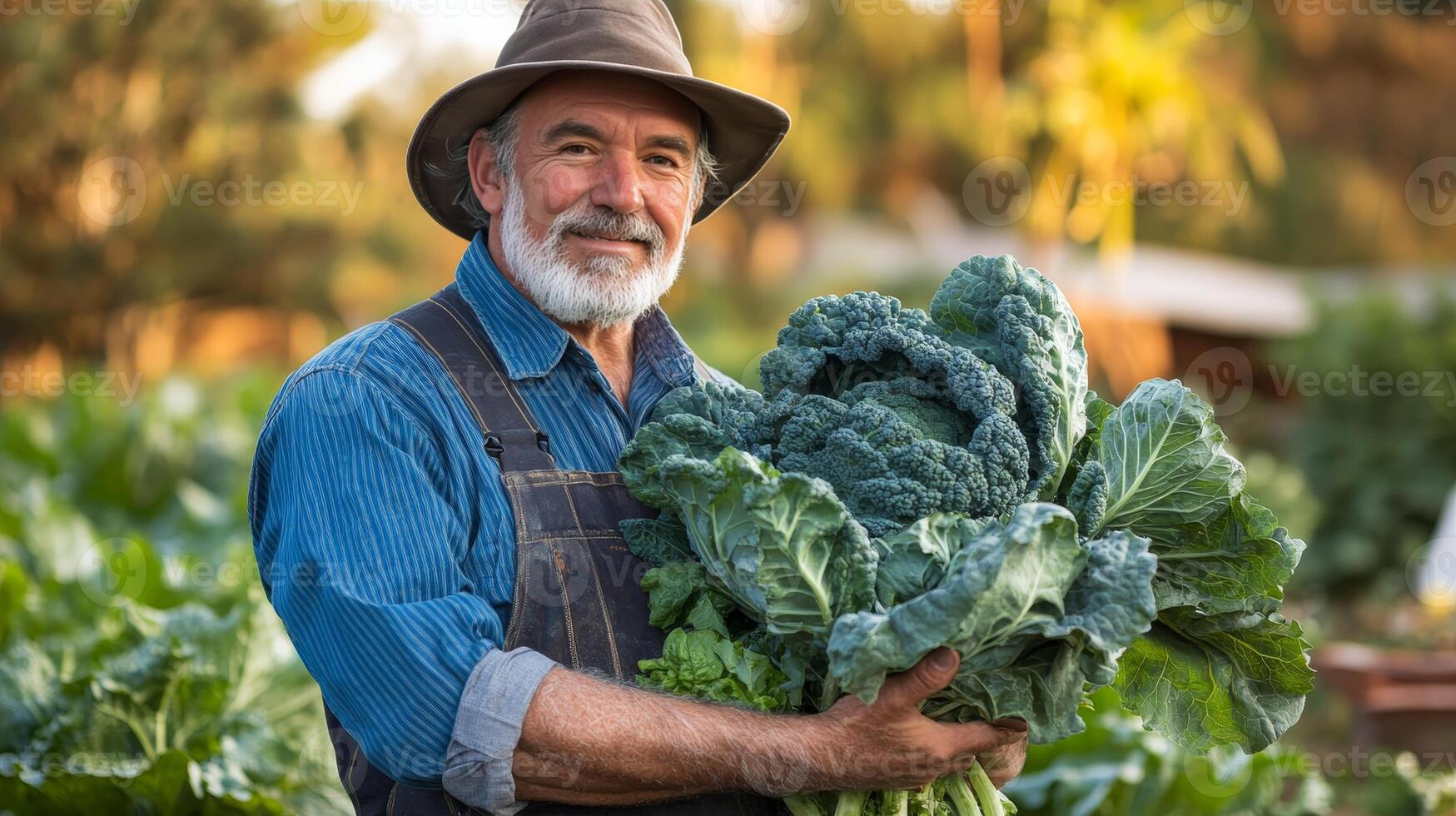 Proud Farmer Holds a Bountiful Harvest of Fresh Vegetables photo