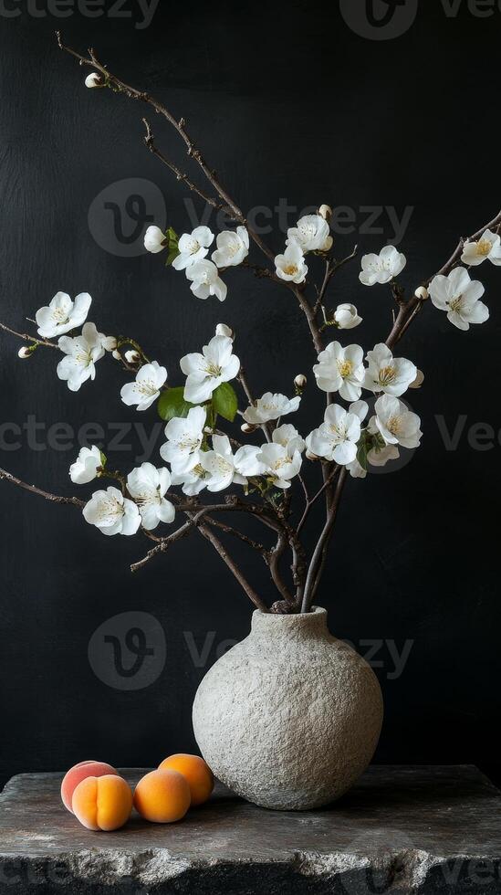 Delicate Spring Blossoms in a Rustic Vase with Apricots photo
