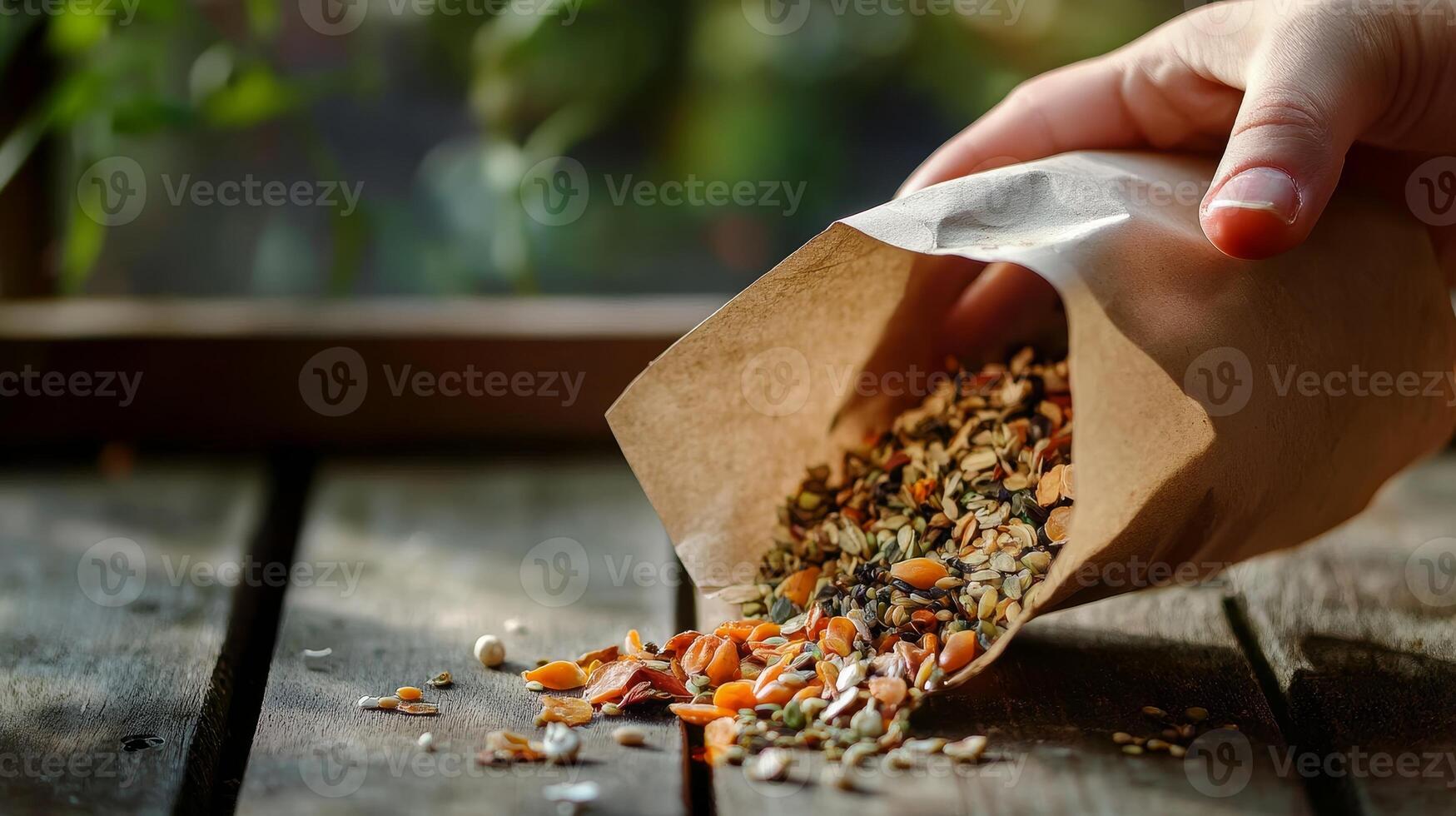 Colorful Seed Mix Pouring from Brown Paper Bag onto Rustic Wooden Table photo