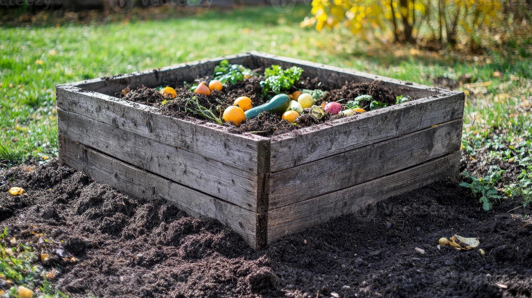 Wooden Garden Box Filled with Fresh Vegetables and Fruits photo