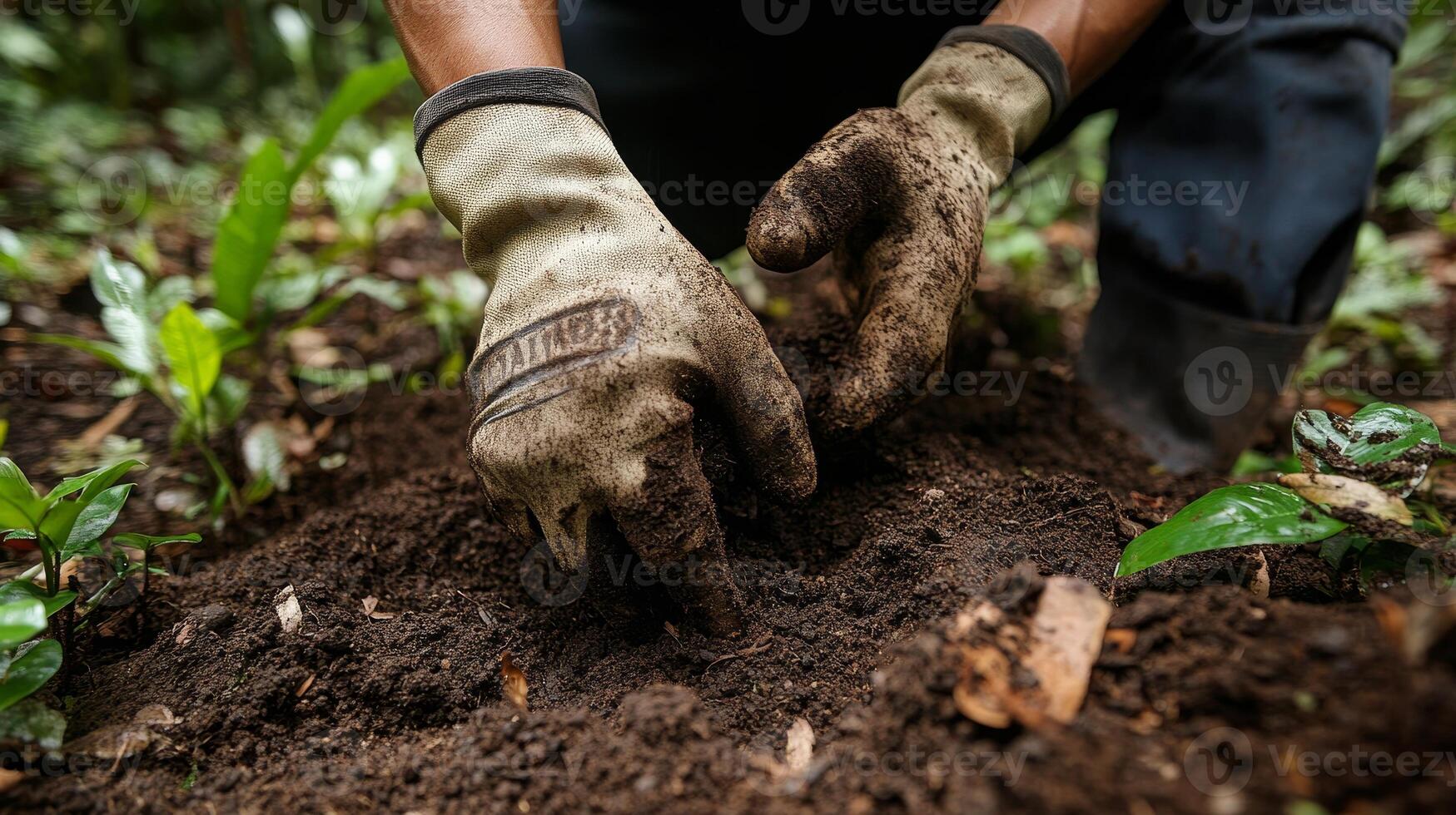 Hands Cultivating Soil in a Lush Natural Setting photo