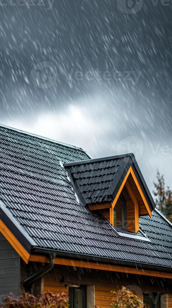 Stunning Home Exterior in a Stormy Weather with a Detailed Roof photo