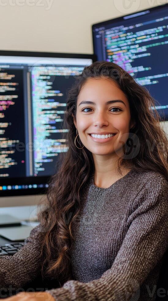 Smiling Woman Programmer in Front of Computer Screens 58422435 Stock ...