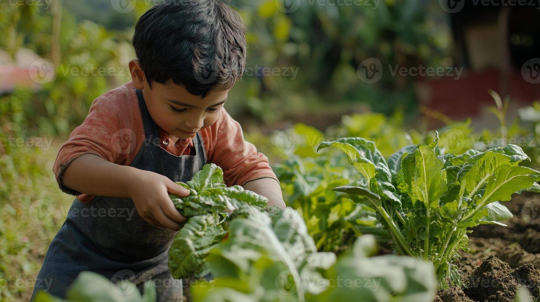 Child Harvesting Fresh Vegetables in a Garden photo