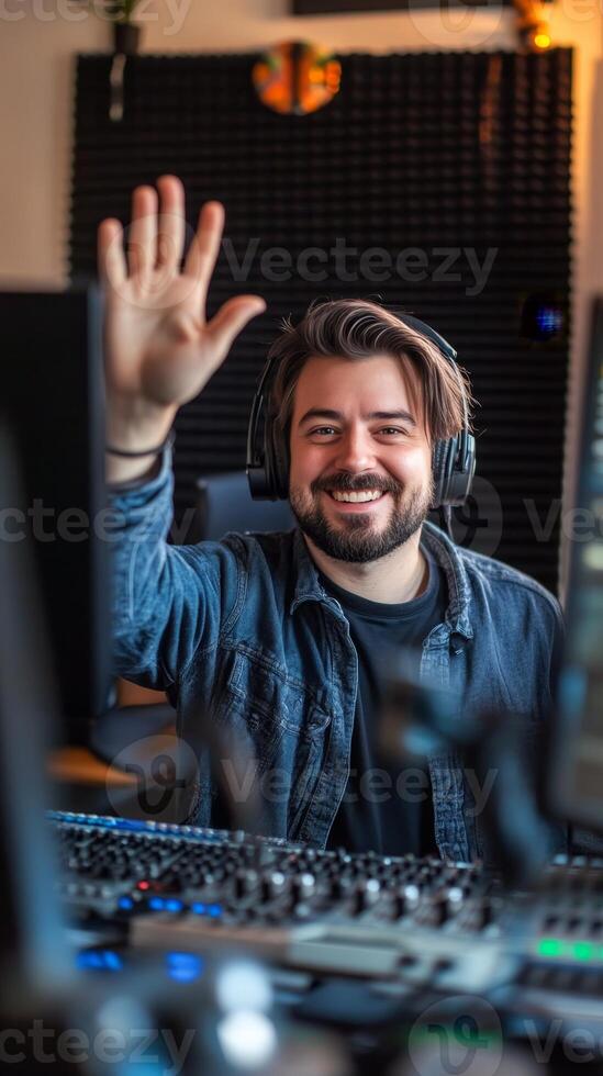 Smiling Audio Engineer in a Modern Recording Studio photo