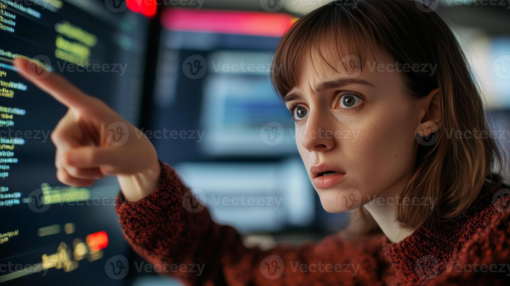 Intrigued Woman Examining Computer Code photo