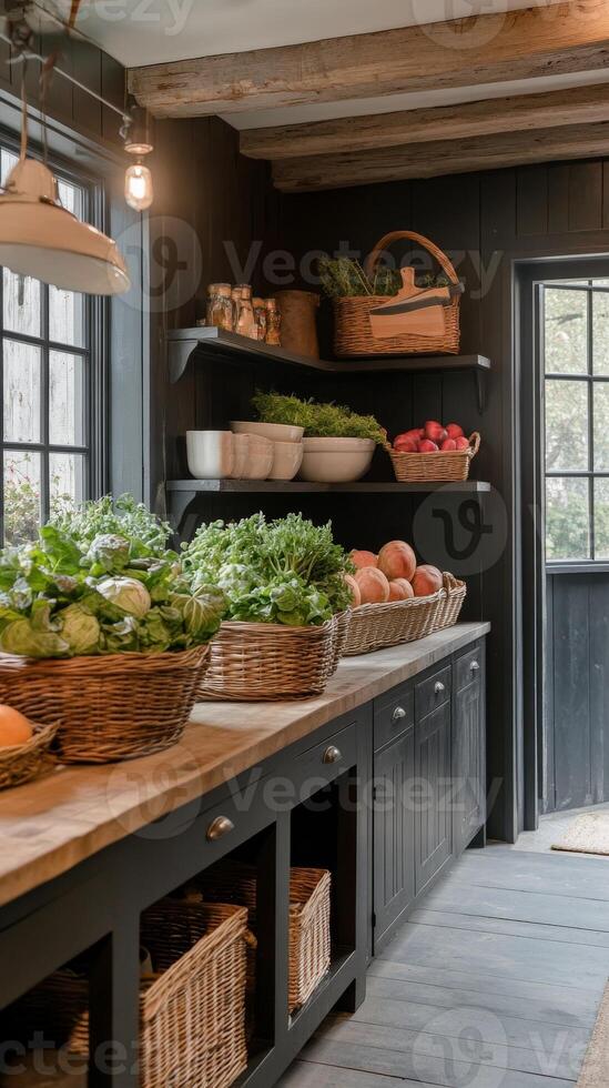 Rustic Farmhouse Kitchen with Dark Cabinets and Wooden Beams photo