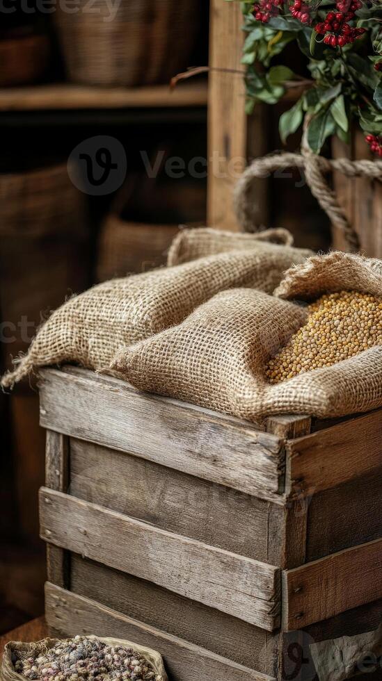 Vintage Wooden Crate Filled With Mustard Seeds photo