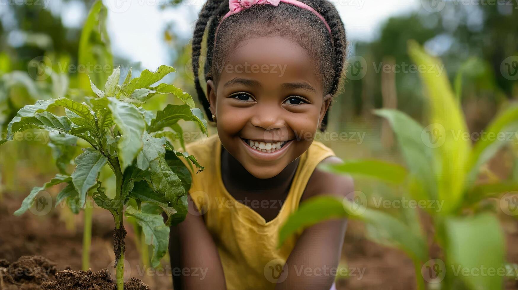 Smiling Child Planting a Tree in a Garden photo