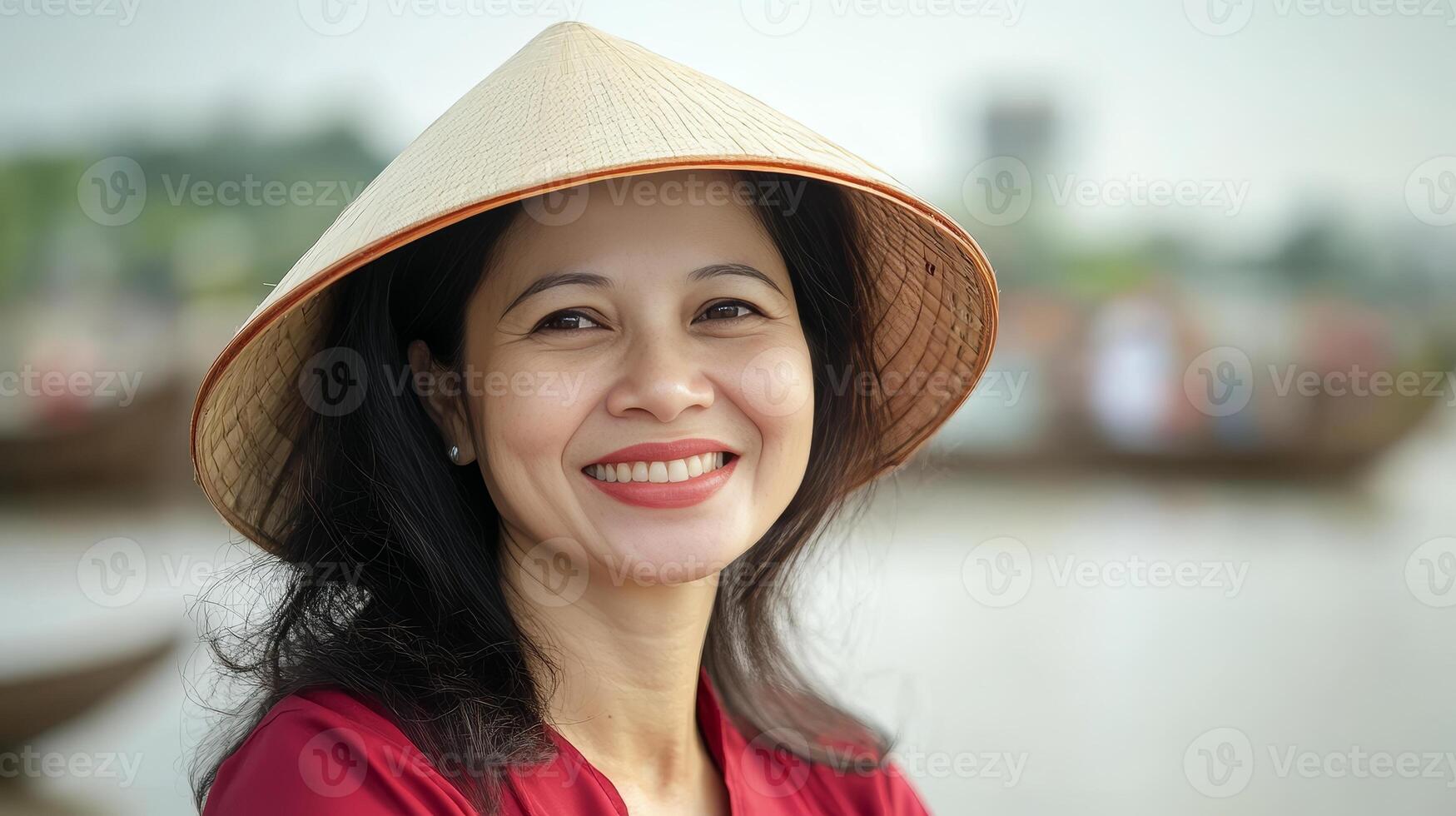 Smiling Woman in Traditional Asian Hat - A Portrait of Happiness photo