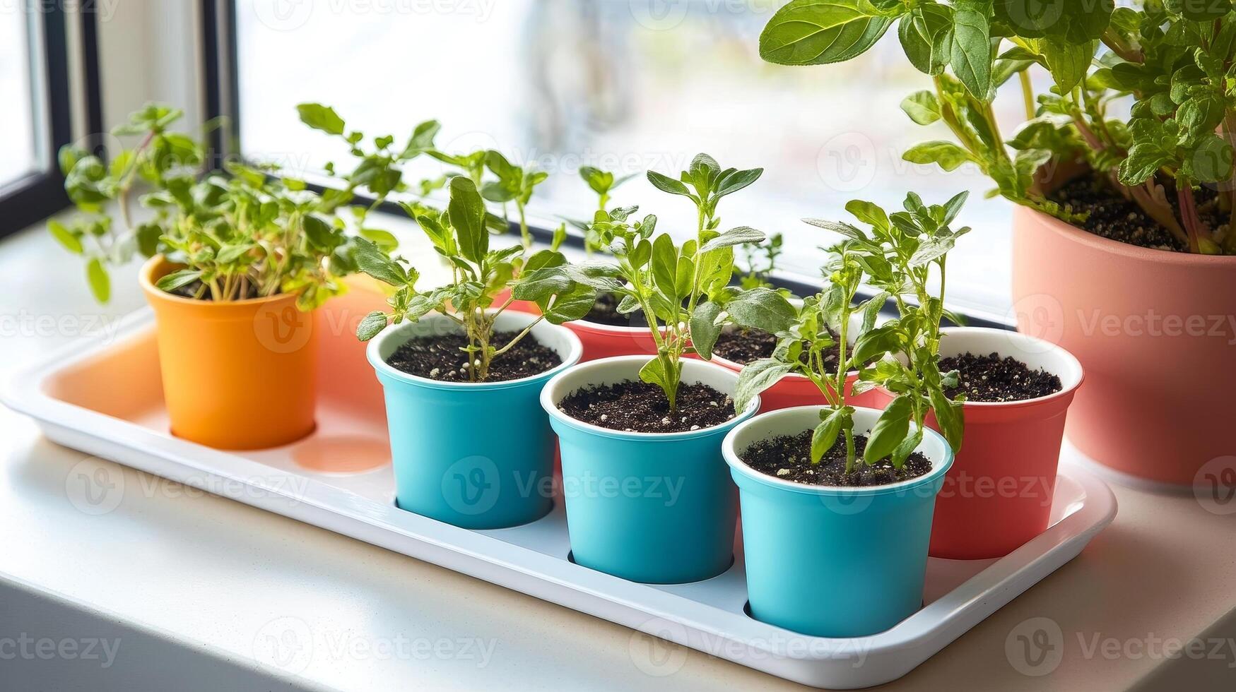 Colorful Potted Plants on a Windowsill Tray photo