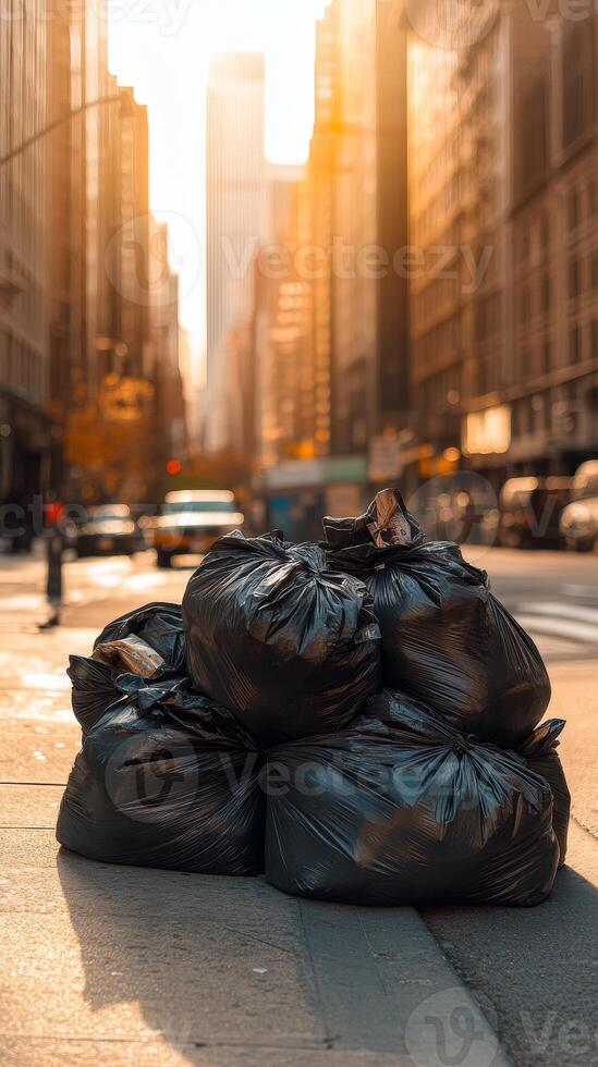 Urban Waste Problem in Cityscape - Piled Garbage Bags on Sidewalk photo