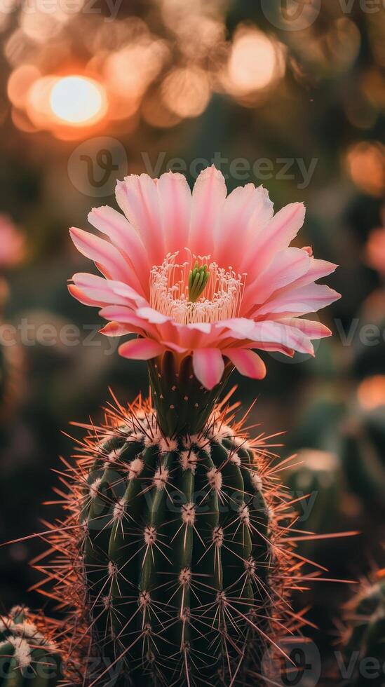 Radiant Pink Cactus Bloom in Golden Sunset Light photo