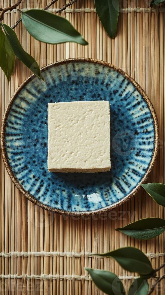 A Square Block of Tofu on a Blue Plate, a Simple and Healthy Dish photo