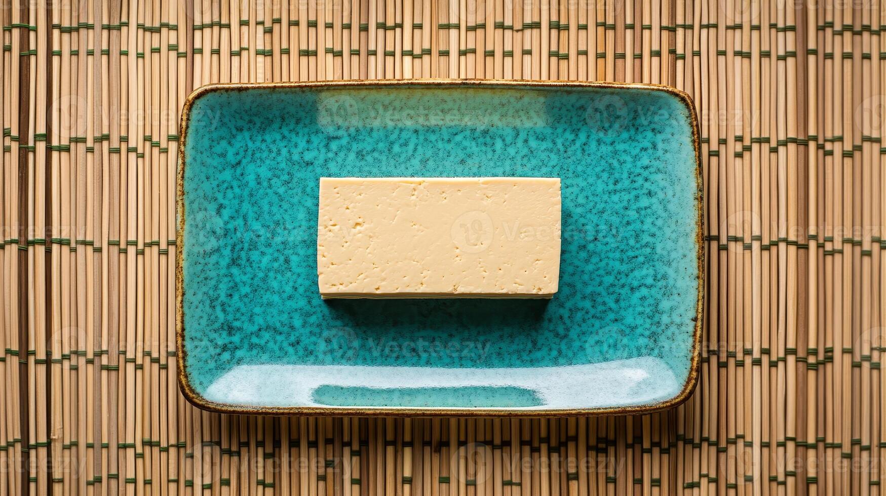 Simple Tofu Block on Turquoise Plate photo
