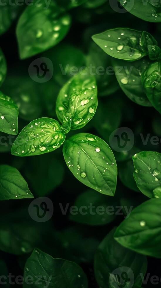 Closeup of Lush Green Leaves with Water Drops photo
