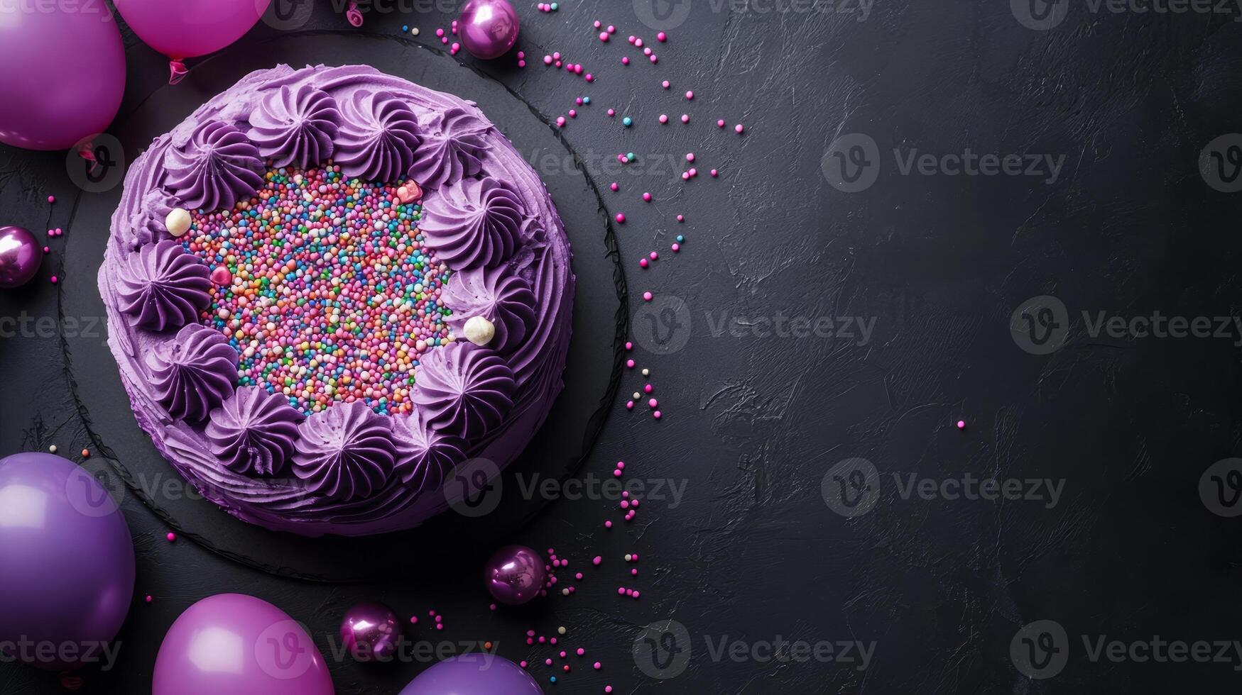 Whimsical Purple Birthday Cake Topped with Bright Sprinkles and Balloons photo