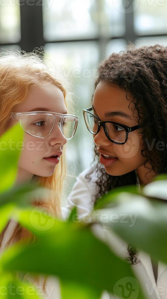 Two Young Scientists Collaborate on a Botanical Experiment photo