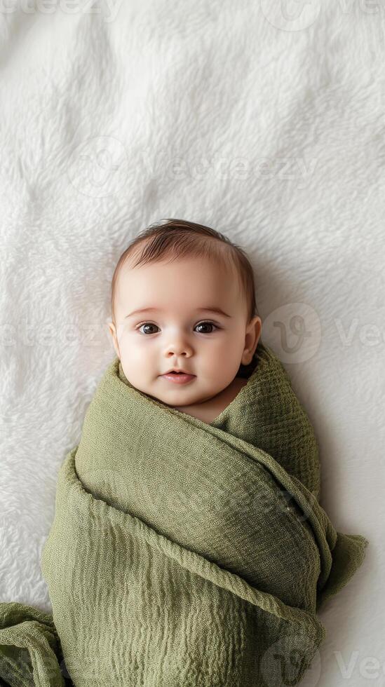 Precious Newborn Baby Wrapped in a Soft Green Blanket photo