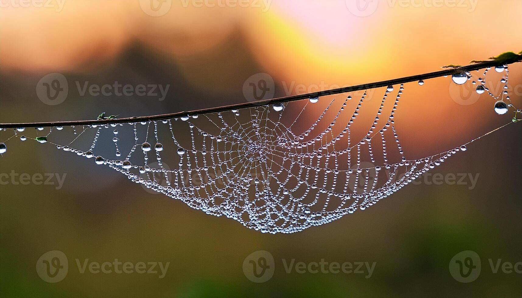 Beautiful Spider Web Adorned With Morning Dew Against a Colorful Sunrise Background photo