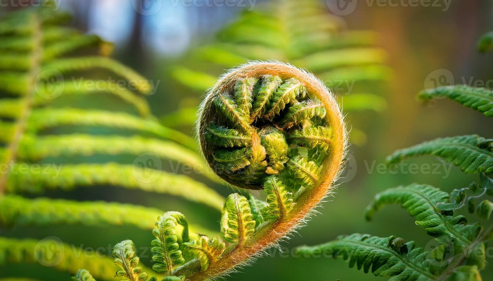 Fern Frond Unfurling in a Lush Forest During Spring Morning Sunlight photo