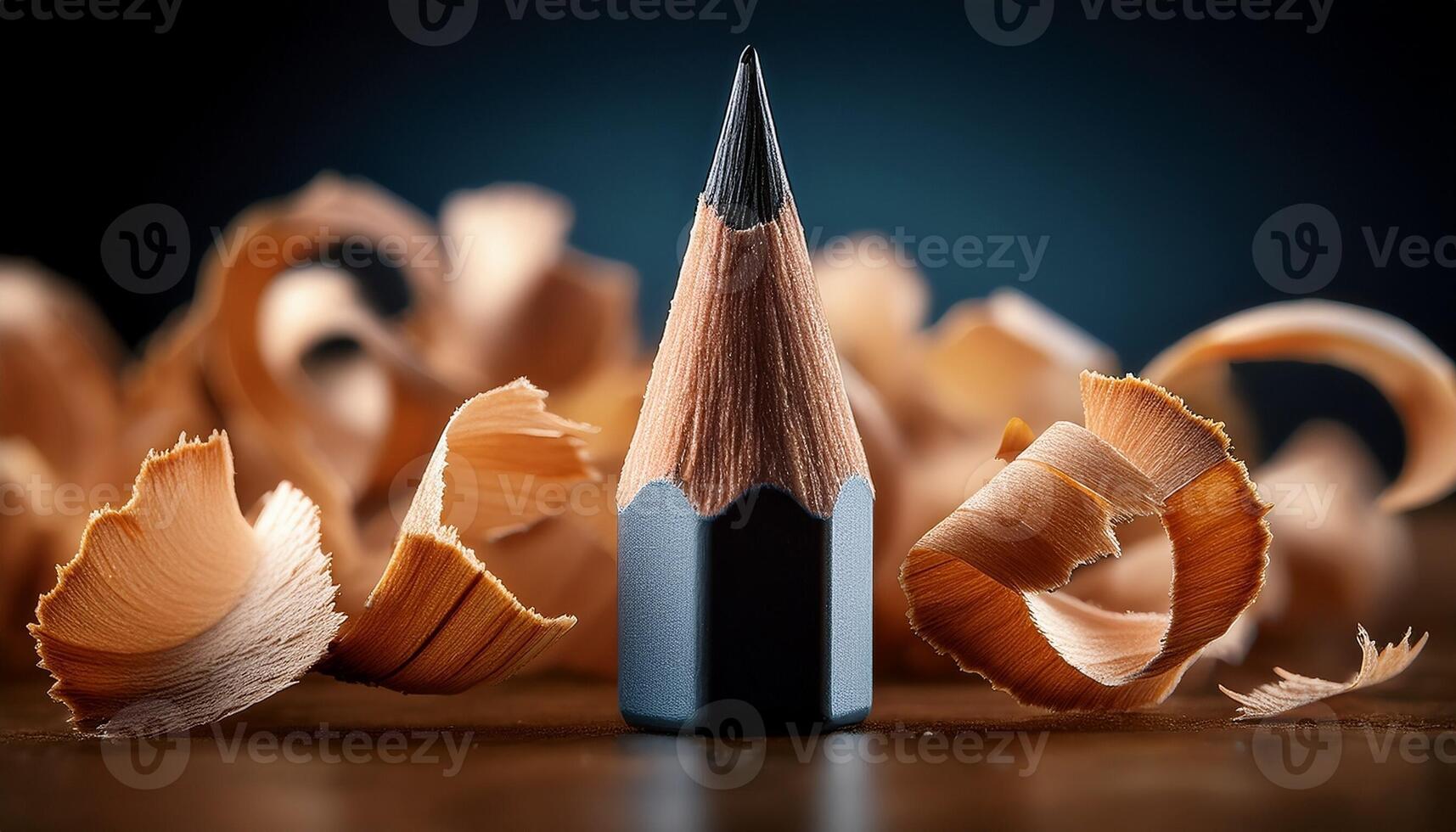 Close-up View of a Sharpened Pencil Surrounded by Wooden Shavings on a Dark Background photo