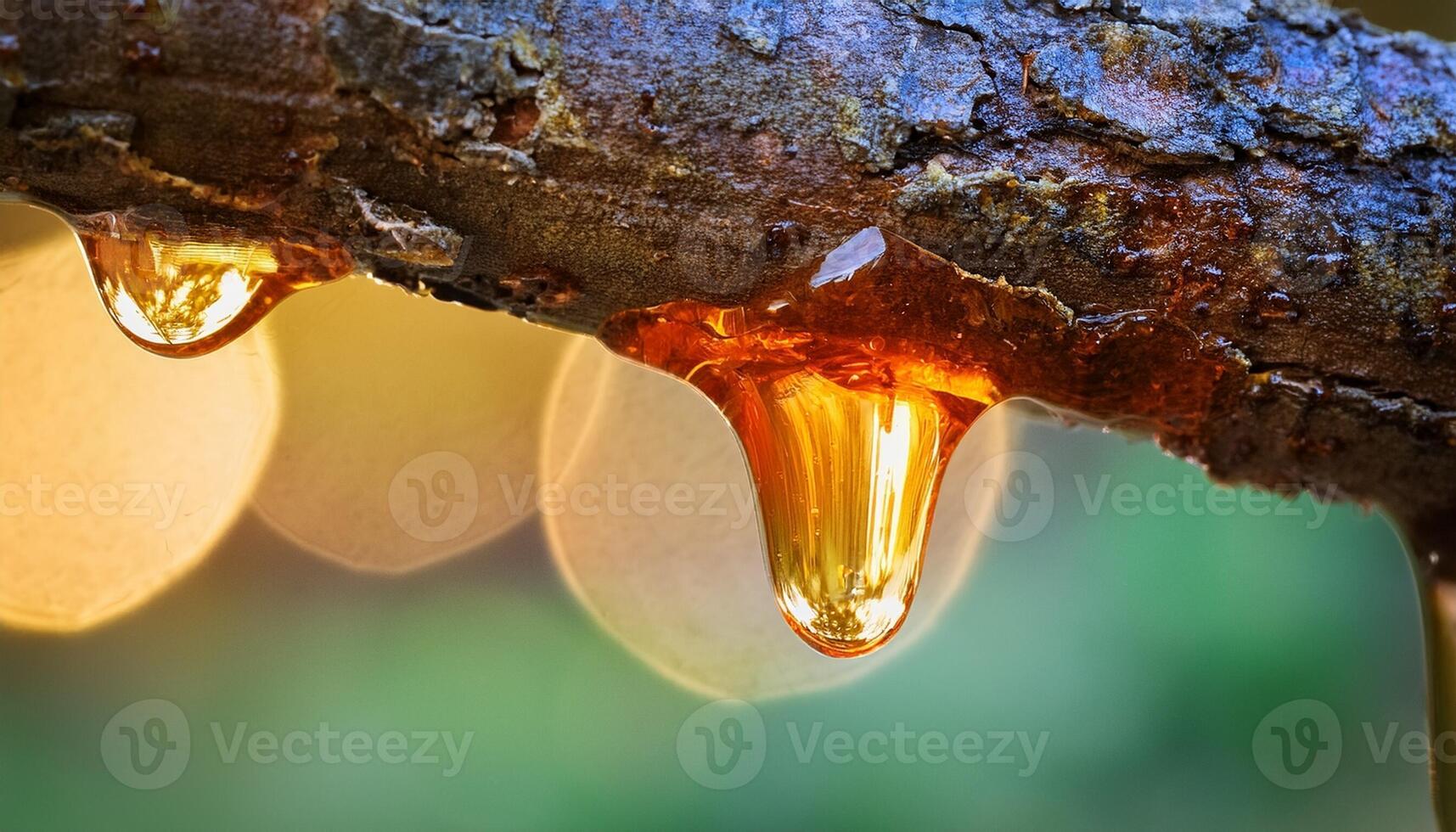 Golden Resin Droplets Form on a Tree Branch in a Forest During Late Afternoon Sunlight photo