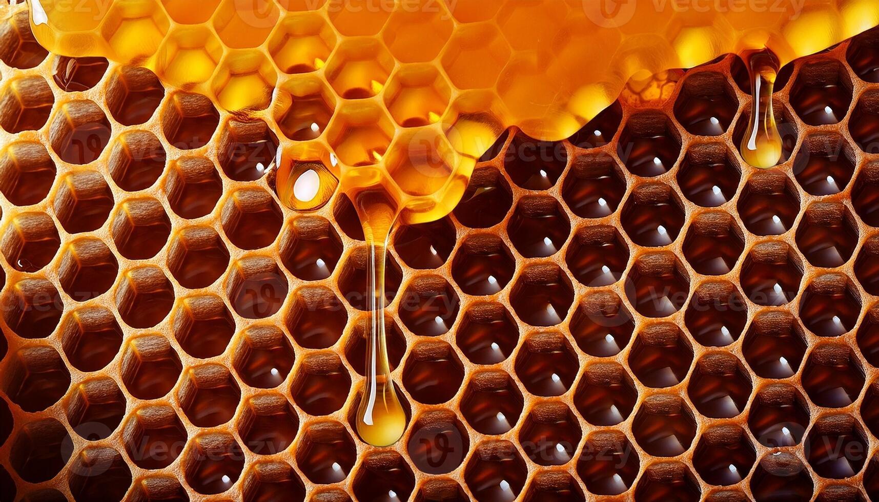 Honeycomb Structure Showcases Golden Honey Dripping From Wax Cells in a Natural Setting photo